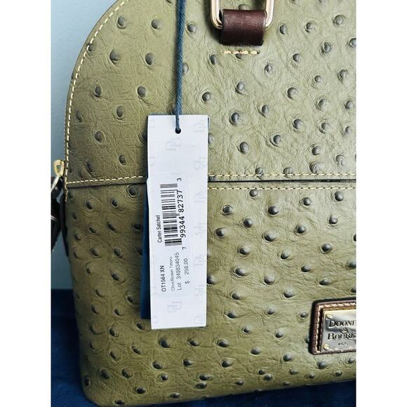 NWT Dooney & Bourke Genuine Ostrich Leather Carter Satchel Olive Brown Dome COA - Picture 2 of 16